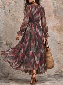 LUMIGAL Elegant Commuter Bohemian Abstract Wavy Texture Print Long Sleeve V-Neck Cross Collar Dress - Multicolor - View 2