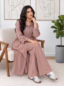 Solavon Plus Size Button Long Sleeve Jacket And Loose Pants 2 Pieces Set - Grey - View 1
