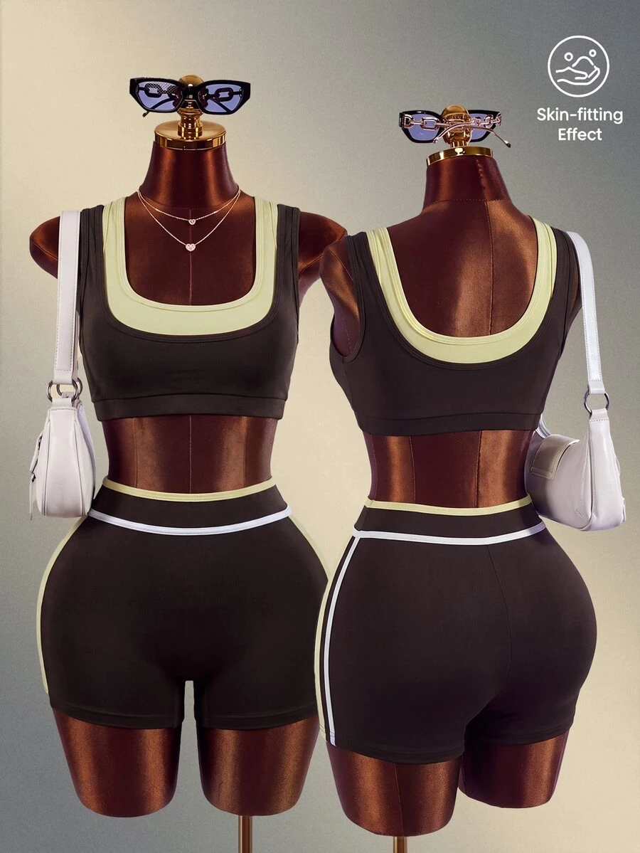 Mistrie 1pc Brown & Yellow Colorblock Tank Top Two-Piece Yoga Sports Set - Multicolor - View 1