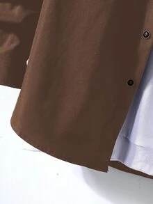 Manfinity Homme 男士 1 件格紋拼接口袋補丁鈕扣襯衫，秋季長袖上衣 - 棕色 - 查看 5