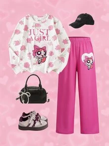 THE POWERPUFF GIRLS X SHEIN Tween Girl Cartoon Print Long Sleeve Top And Pants Loungewear Set - Multicolor - View 3