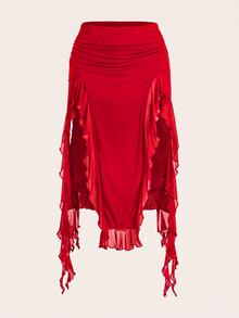 SHEIN ICON 女款百褶拼接層次不對稱下擺中長低腰裙 - 紅色 - 查看 4