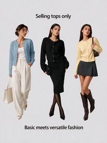 SHEIN BASICS 女款復古休閒純色單排扣長袖針織開襟衫 適合辦公、日常、校園、商務場合 橄欖綠 秋冬款 - 霧霾藍 - 查看 9