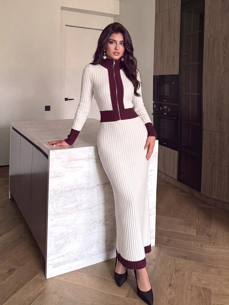 Modelyn فستان نسائي محبوك بأكمام طويلة وفتحة أمامية نصفية بسحاب بطراز عتيق - متعدد الألوان - مشاهدة 1