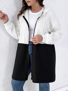 SHEIN LUNE Plus Size 2-Color Drop Shoulder Drawstring Hooded Cardigan Jacket Black & White Women's Autumn/Winter - Black and White - View 3