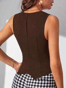 SHEIN Tall 秋冬款高個女款純色鈕扣前襟背心西裝外套 - 咖啡棕 - 查看 2
