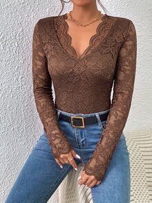 SHEIN Frenchy 對比色蕾絲波浪飾邊蕾絲連身內衣 冬季優雅款 - 棕色 - 查看 4