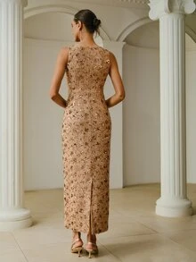 ZEYLAH Square Neck Waist-Cinching Straight Sleeveless Dress - Khaki - View 8