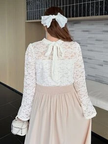 Bijouette Gaun Lengan Panjang Renda Patchwork Lembut untuk Wanita Ukuran Plus, Cocok untuk Pemakaian Sehari-hari dan Kencan - Putih - View 6