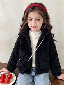 Elladie kids 女童舒適保暖毛絨外套，愛心圖案設計，搭配可愛斜背包，適合寒冷秋冬天氣 - 黑色 - 查看 1