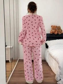 Napfluff Casual Heart Print Velvet Contrast Patchwork Long Sleeve Pants Pajama Set For Women - Baby Pink - View 2