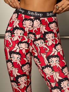 Betty Boop x SHEIN Women's Cartoon Print Fitted Leggings - Red - View 4