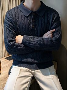 Claim Dot 男士素色休閒百搭拉鍊開襟長袖針織衫，日常穿著基礎上衣，情侶套裝搭配 - 寶藍色 - 查看 5