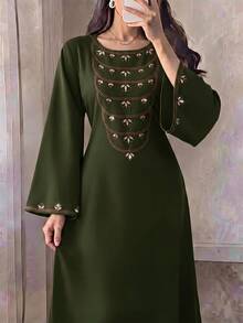 Yasmyna فستان طويل تقليدي عربي أنيق للنساء مرصع بالراينستون، أنيق للأعمال - أخضر عسكري - مشاهدة 3