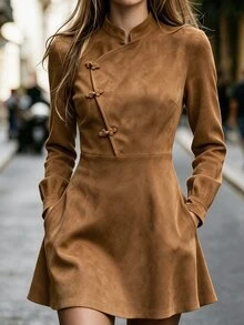 Balvessa Women's Elegant Long Sleeve Dress With Frog Button Placket And Pockets - Camel - View 6
