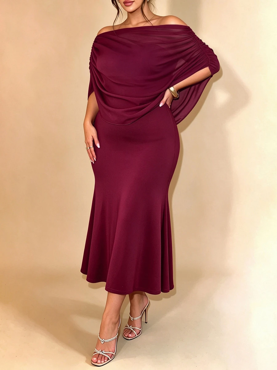 Cravure Plus Size Elegant Chiffon Cape Overlay Midi Mermaid Dress, Off Shoulder Party Formal Dress - Burgundy - View 1