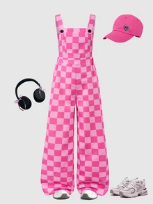 SHEIN Tween Girls Fleece Fall Clothes Autumn/Winter Ribbed Corduroy Adjustable Buckle Elastic Waist Jumpsu - Pink - View 3