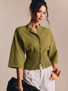 Poéselle 女款極簡風鈕扣收腰針織開襟外套 - 橄欖綠 - 查看 8