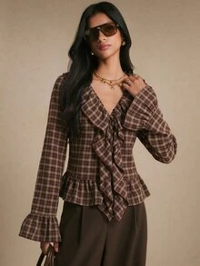 Poéselle Women's Plaid Ruffle Collar Flare Sleeve Blouse, Fall Concert Outfit, Casual Workwear, Halloween Street Style - Chocolate Brown - View 8
