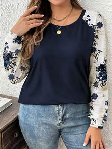 SHEIN LUNE تي شيرت فضفاض برقبة دائرية وأكمام راجلان كاجوال للنساء بمقاسات كبيرة، مناسب للربيع/الخريف - متعدد الألوان - مشاهدة 3