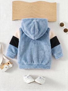 SHEIN 男嬰可愛秋冬拼接色毛絨長袖衛衣，中性嬰兒服飾，嬰兒冬季衣物 - 彩色 - 查看 3