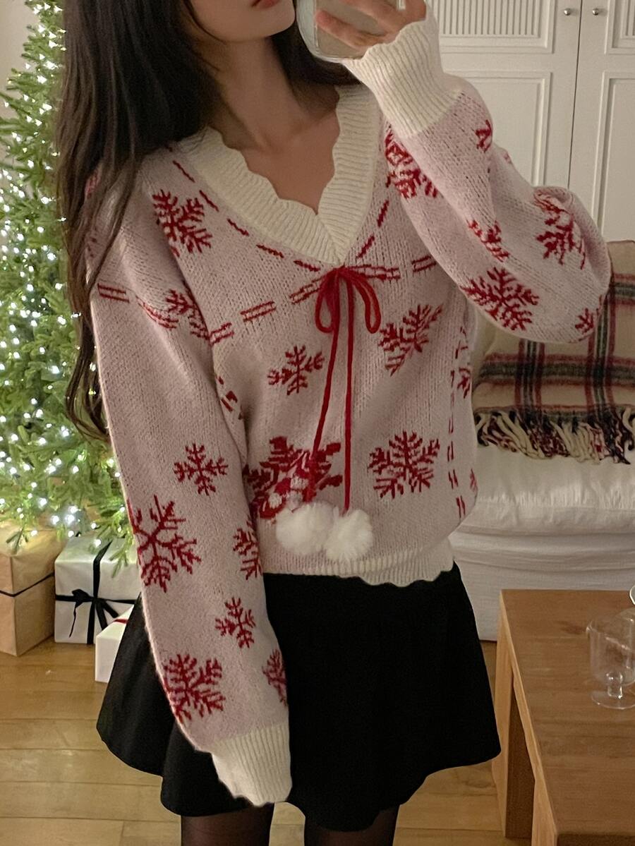 DAZY Women's V-Neck Pullover Snowflake Pattern Pom Pom Decor Casual Christmas Sweater - Beige - View 1
