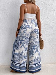 EMERY ROSE Plus Size Women's All-Over Print Casual Daily Wide Leg Pants Fall - Blue - View 2