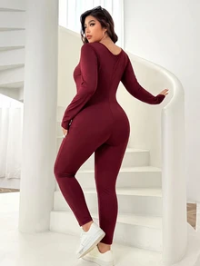 SHEIN EZwear 大尺碼秋冬保暖針織連身褲 - 酒紅色 - 查看 2