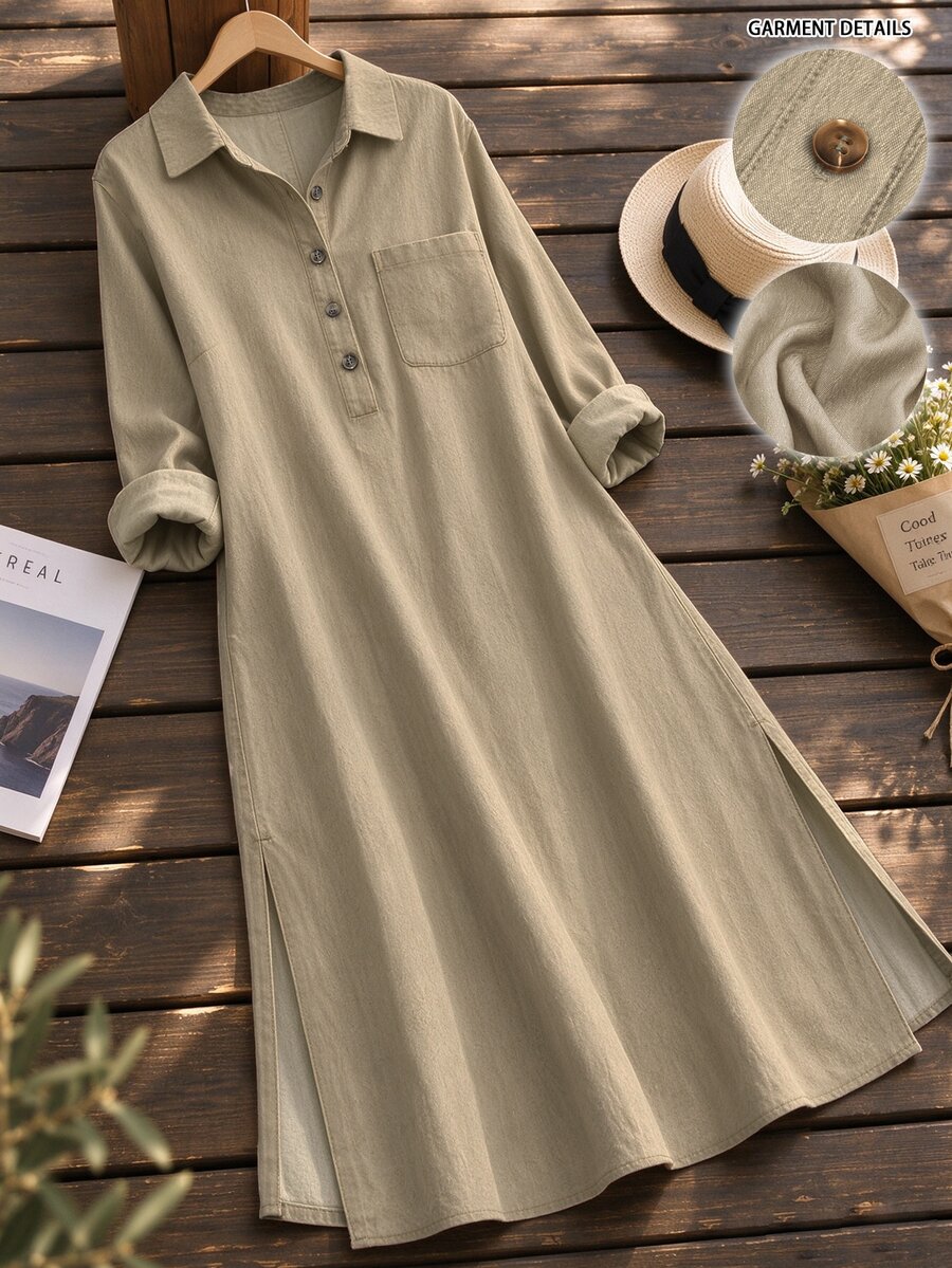 Linhara CURVE Women's Plus Size Casual Commute Blue Solid Color Lapel Long Sleeve Chest Pocket Hem Slit Design Long Dress Suitable For Spring And Autumn - Apricot - View 1