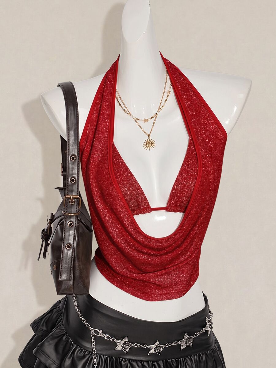 SHEIN ICON 2件組夏季女款亮片露背背心與細肩帶上衣,適合海灘、夏威夷派對、返校日、演唱會與夜店外訪 - 紅色 - 查看 1
