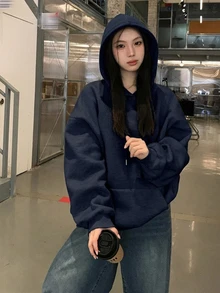 DAZY 女款秋冬連帽水鑽韓風長袖衛衣 - 藏蓝色 - 查看 6