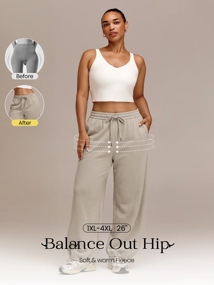 GLOWMODE Plus Size 26" Everyday Fleece Easy Lounge Wide-Leg Joggers With Adjustable Drawstring Waist & Hem Side Pockets Daily Casual Fall Winter Wear - Khaki - View 1