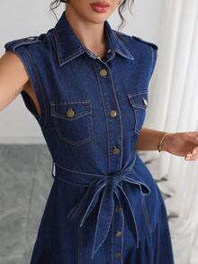 Elenzga Women's Loose Elegant Casual Commute Denim Dress - Dark Wash - View 7
