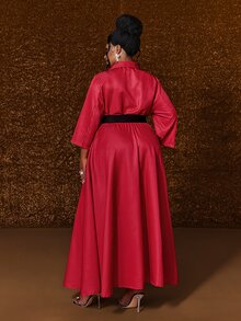 Maweii Plus Size Women's Vintage Commuter Style Red Pinstripe Lapel Design Single-Breasted Black Button Closure A-Line Flared Waist Long Sleeve Dress Fall - Red - View 2