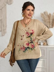 EMERY ROSE Plus Size Women's Floral Print Casual Everyday Long Sleeve Sweater ,Winter Outfit For Women - Khaki - View 1