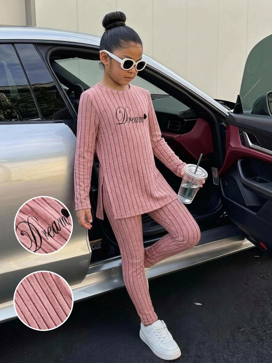 Tween Girl Tween Girl Casual Drop Shoulder Dream Ribbed Letter Embroidery Knit Pullover And Leggings, Pink Set, Autumn Winter Christmas - Pink - View 1