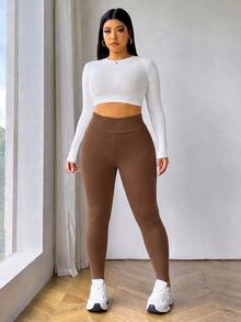 SHEIN EZwear 大尺碼女款純色休閒百搭日常穿著緊身內搭褲 - 咖啡棕 - 查看 3