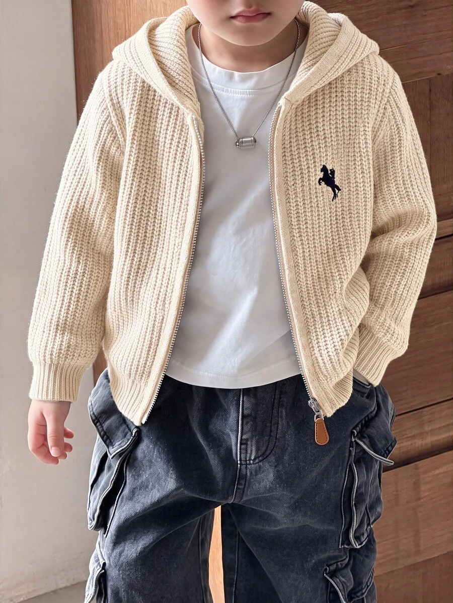 SHEIN Little Byeori 兒童小男孩休閒韓系百搭前開襟拉鍊連帽長袖針織開襟衫 秋冬款 - 杏色 - 查看 1