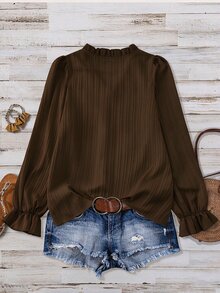 Linhara Plus Size Women's Polka Dot Basic Casual Long Sleeve V-Neck Blouse Fall - Brown - View 2
