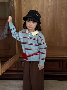 DAZY Sweater Lengan Panjang Gaya Korea Bergaris Kasual Warna Kontras untuk Bayi/Balita (Perempuan) - Baby Blue - View 3
