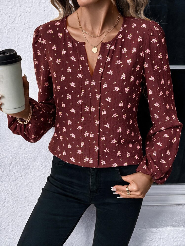 SHEIN LUNE Women's Casual Romantic Elegant Autumn/Winter Commute Daily Office Brunch Basic Fashion Outwear Ditsy Floral Blouse Black Floral - Red - View 9