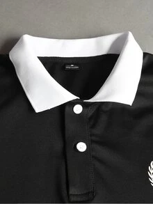 Manfinity Hypemode Men's Letter Print Contrast Color Long Sleeve Casual Polo Shirt - Black - View 3