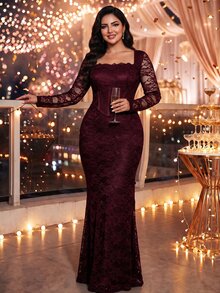 Auveirra Plus Size Elegant Romantic Party Formal Wedding Lace Mermaid Dress Fall Christmas - Burgundy - View 7