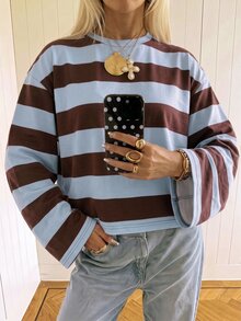 SHEIN EZwear Women's Colorblock Casual Everyday Long Sleeve T-Shirt - Multicolor - View 7