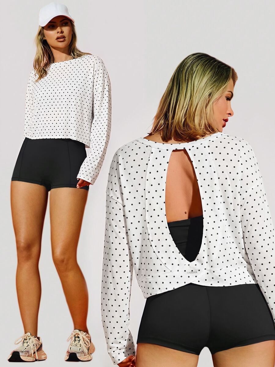 VARSIVA Kaos Olahraga Lengan Panjang Wanita Motif Polkadot dengan Potongan di Bagian Belakang - Hitam dan Putih - View 1