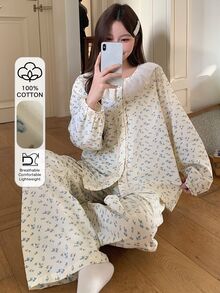 DAZY Women's Ditsy Floral Long Sleeve Single-Breasted Top And Pants Loungewear Set - Beige - View 3