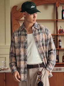 ESTAVOR 1pc Oversized Cotton Plaid Print Drop Shoulder Shirt - Yellow - View 1