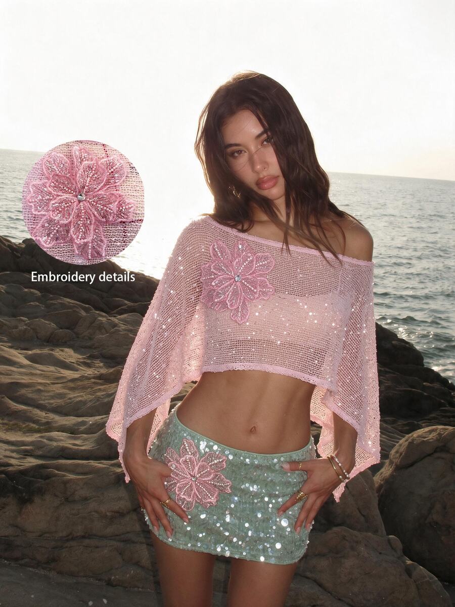 Ure Wave 女款 Y2K 70年代海灘度假派對 3D 花朵鉤編露肩上衣，飾有 3D 立體花朵，新年穿搭，萬聖節穿搭 - 粉色 - 查看 1