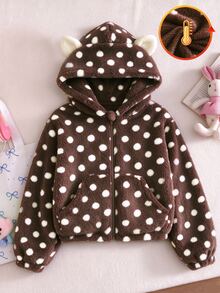 SHEIN Elladie kids 女孩甜美風休閒可愛外套，校園休閒穿搭，秋季 3D 貓咪刺繡連帽寬鬆抓絨夾克，校內校外穿搭，棕色波點 - 彩色 - 查看 3
