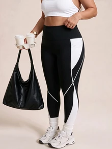 SHEIN Rhythm Era 大尺碼拼色寬腰運動緊身褲 - 彩色 - 查看 5